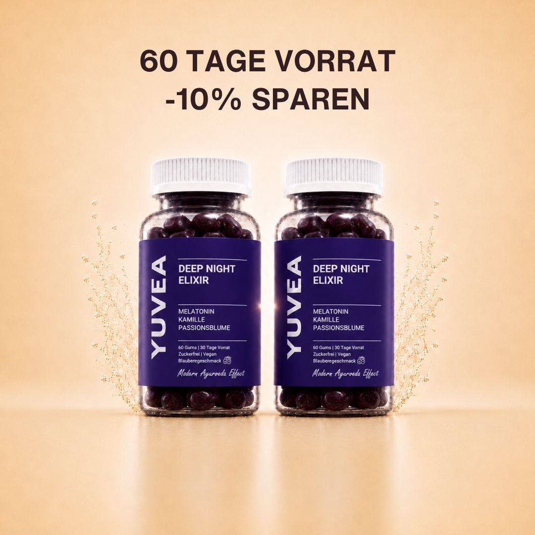Zwei Flaschen YUVEA DEEP NIGHT ELIXIR Gummies mit Melatonin, Kamille und Passionsblume vor einem warmen, beigefarbenen Hintergrund. Darüber steht: „60 Tage Vorrat – 10 % sparen“.