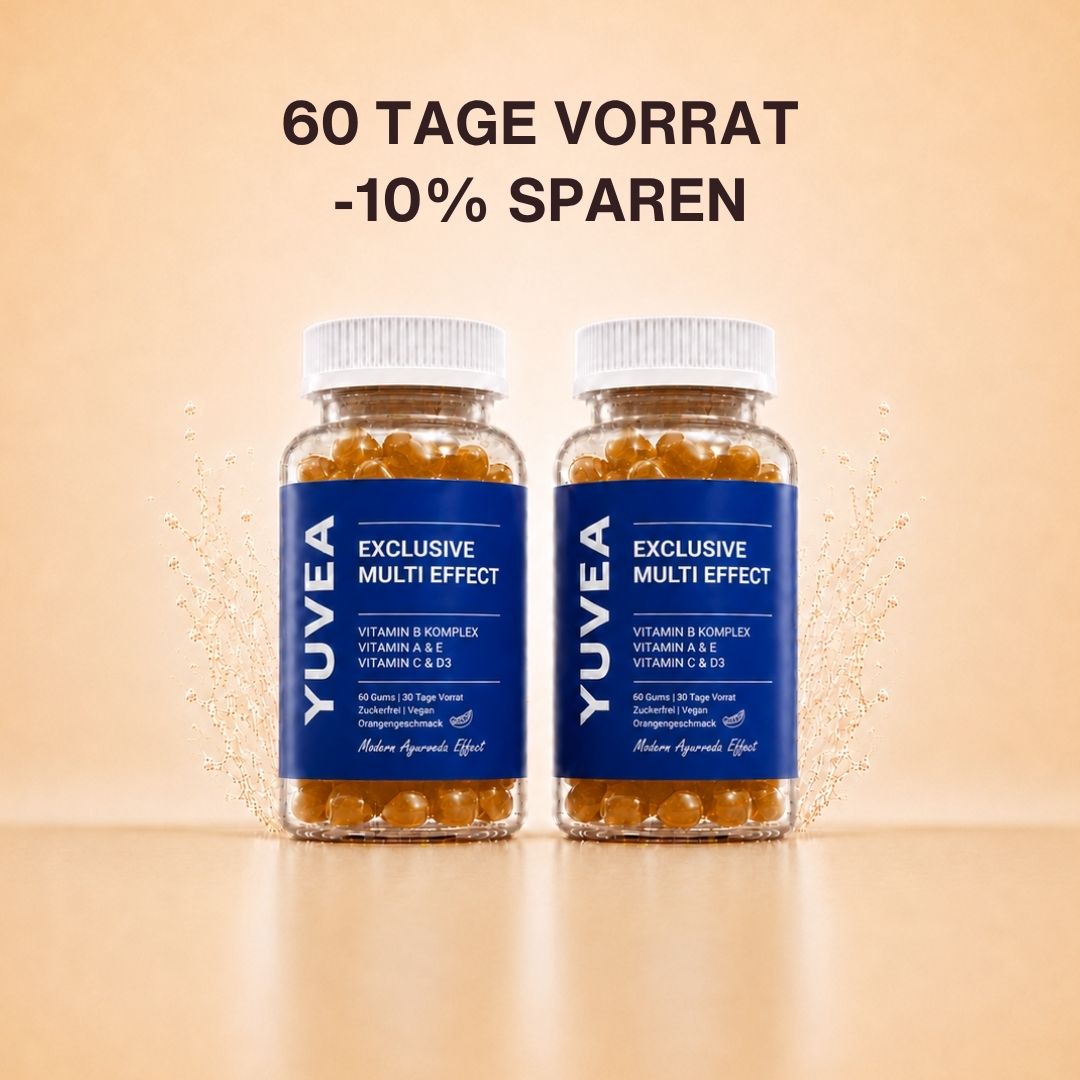 Zwei Flaschen YUVEA EXCLUSIVE MULTI EFFECT Gummies mit Vitamin-B-Komplex sowie Vitamin A, C, D3 und E vor einem warmen, beigefarbenen Hintergrund. Darüber steht: „60 Tage Vorrat – 10 % sparen“.