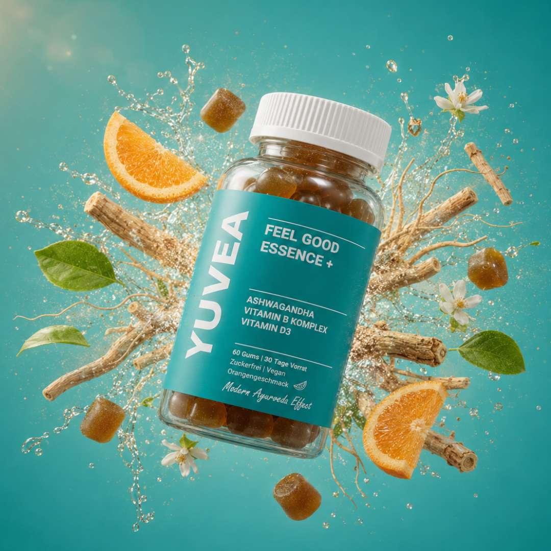 YUVEA Feel Good Essence + Nahrungsergänzung mit Ashwagandha, Vitamin B Komplex und Vitamin D3 in einer transparenten Dose mit braunen Gums, dekoriert mit Orangen, Ashwagandha-Wurzeln, grünen Blättern und weißen Blüten.