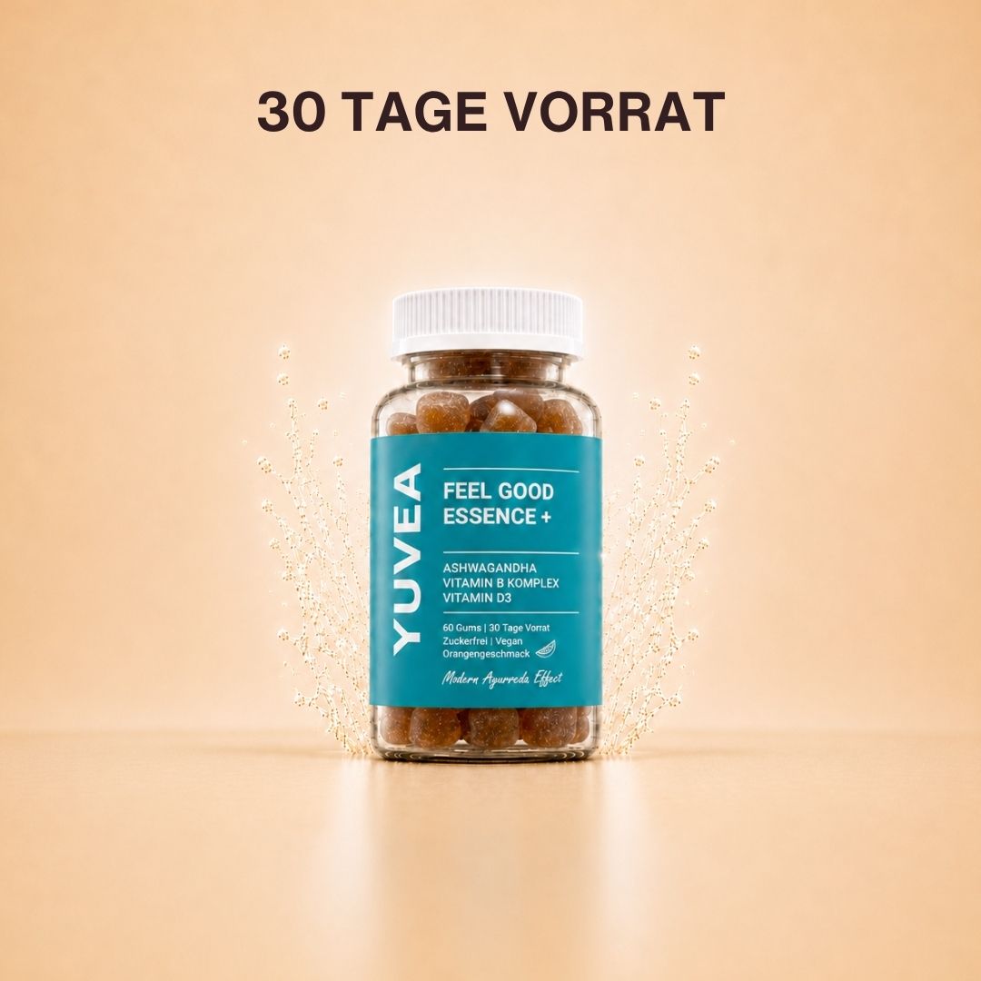 Eine Flasche YUVEA FEEL GOOD ESSENCE+ Gummies mit Ashwagandha, Vitamin-B-Komplex und Vitamin D3 vor einem warmen, beigefarbenen Hintergrund. Darüber steht: „30 Tage Vorrat“.