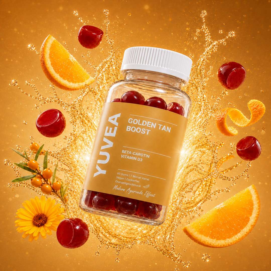 YUVEA Golden Tan Boost Nahrungsergänzung mit Beta-Carotin und Vitamin D3 in einer transparenten Dose mit roten Gums, dekoriert mit Orangen, Kirschen, Sanddorn und Ringelblume