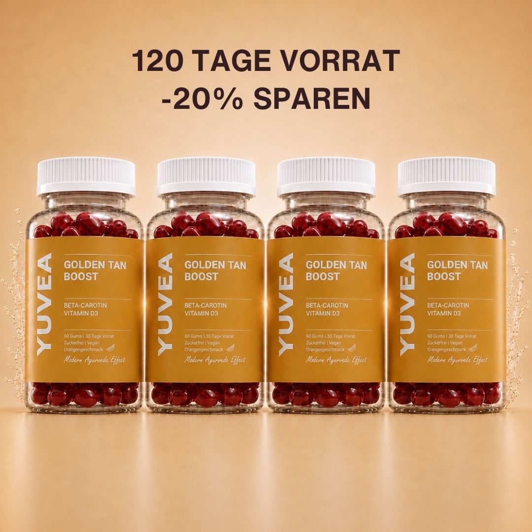 Vier Flaschen YUVEA GOLDEN TAN BOOST Gummies mit Beta-Carotin und Vitamin D3 vor einem warmen, beigefarbenen Hintergrund. Darüber steht: „120 Tage Vorrat – 20 % sparen“.