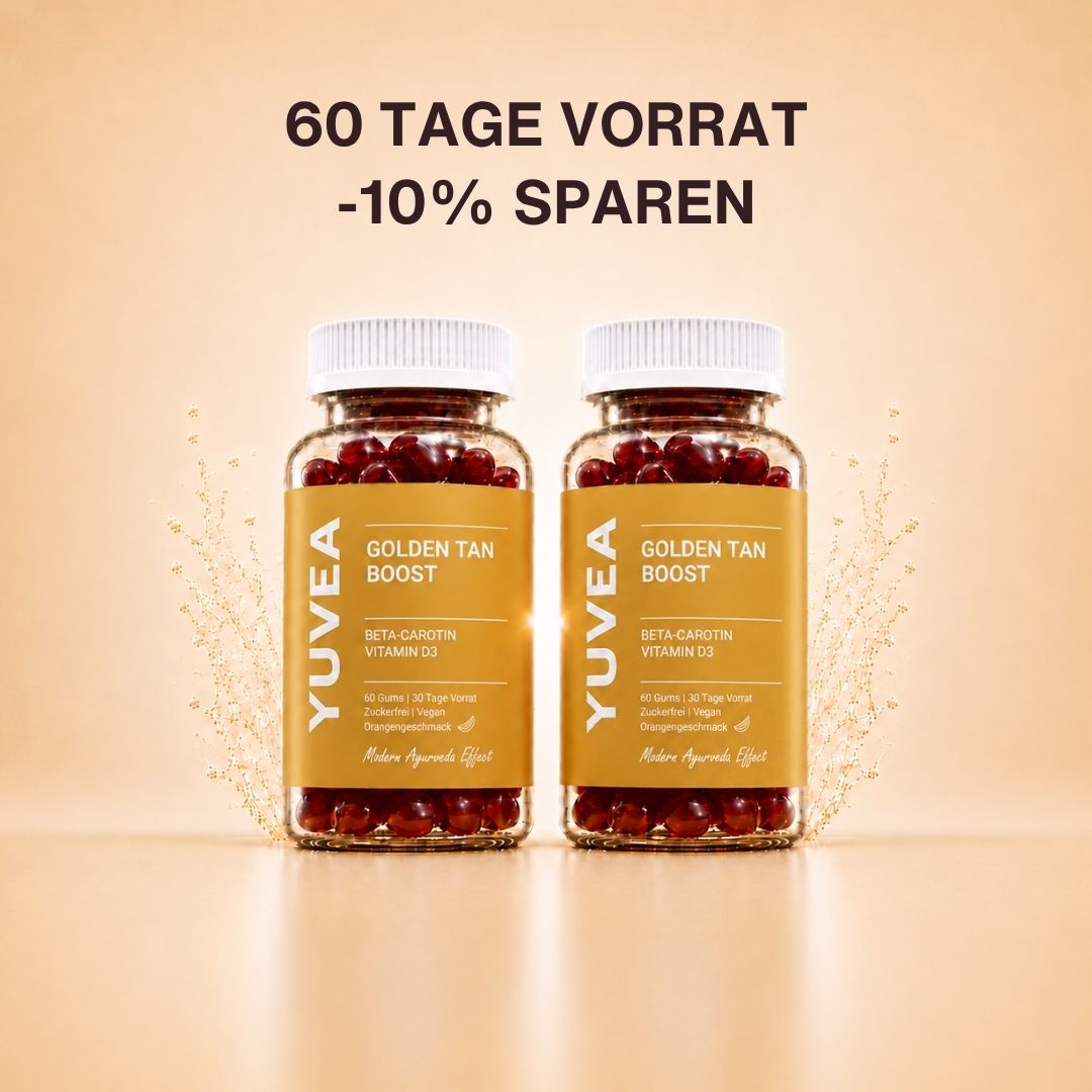 Zwei Flaschen YUVEA GOLDEN TAN BOOST Gummies mit Beta-Carotin und Vitamin D3 vor einem warmen, beigefarbenen Hintergrund. Darüber steht: „60 Tage Vorrat – 10 % sparen“.