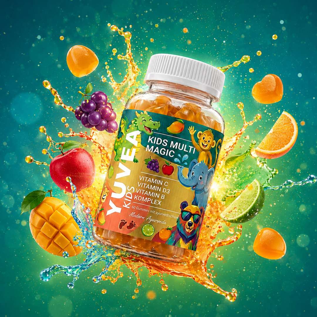 YUVEA Kids Multi Magic Nahrungsergänzung mit Vitamin C, Vitamin D3 und Vitamin B Komplex in einer transparenten Dose mit orangefarbenen Gums, dekoriert mit Apfel, Mango, Orange, Limette, Trauben und bunten Tierillustrationen.