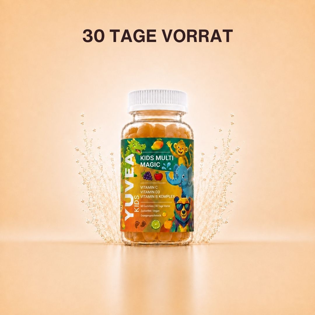 Eine Flaschen YUVEA KIDS MULTI MAGIC Gummies mit Vitamin C, Vitamin D3 und Vitamin-B-Komplex vor einem warmen, beigefarbenen Hintergrund. Darüber steht: „30 Tage Vorrat“.