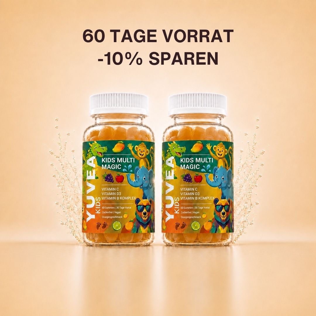 Zwei Flaschen YUVEA KIDS MULTI MAGIC Gummies mit Vitamin C, Vitamin D3 und Vitamin-B-Komplex vor einem warmen, beigefarbenen Hintergrund. Darüber steht: „60 Tage Vorrat – 10 % sparen“.