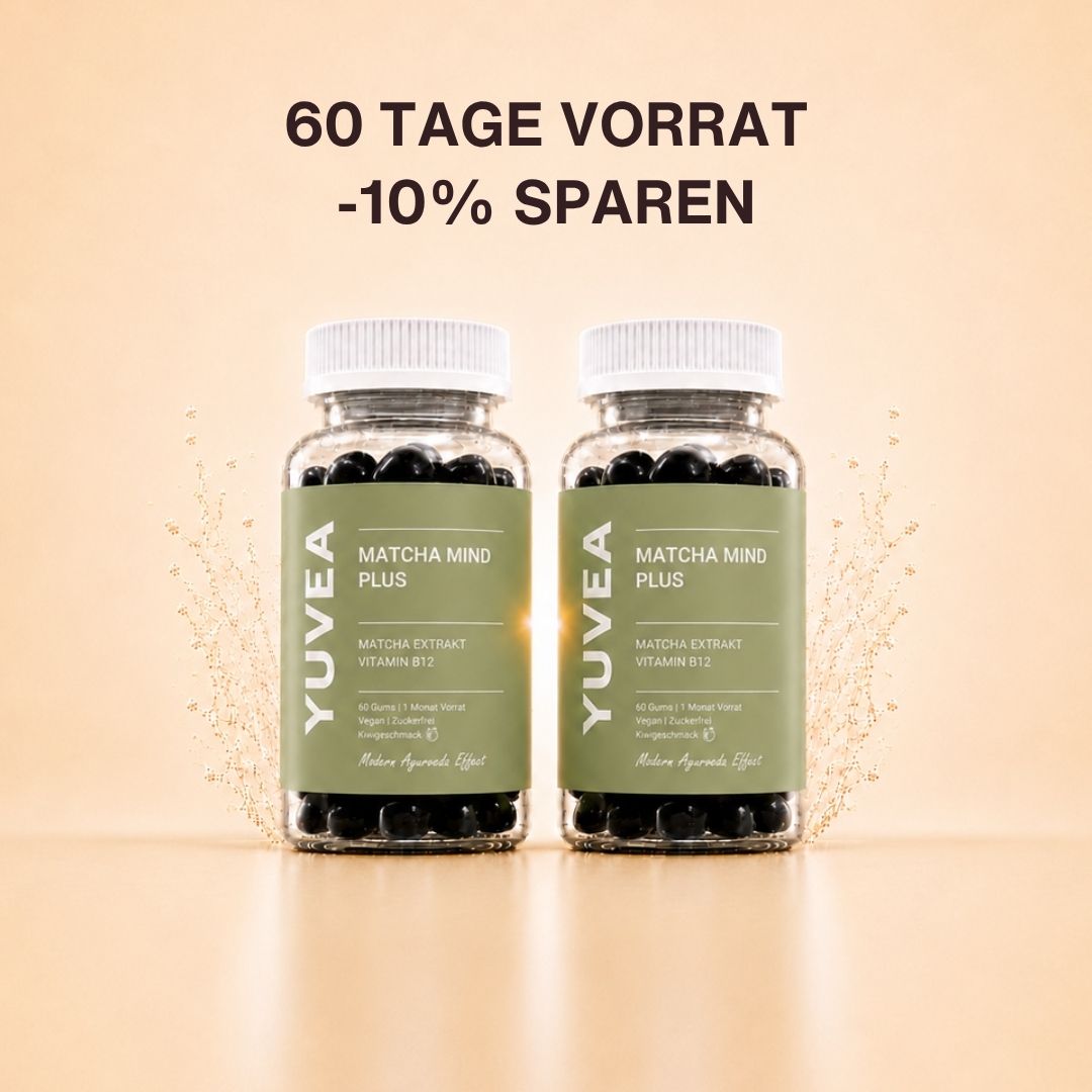 Zwei Flaschen YUVEA MATCHA MIND PLUS Gummies mit Matcha-Extrakt und Vitamin B12 vor einem warmen, beigefarbenen Hintergrund. Darüber steht: „60 Tage Vorrat – 10 % sparen“.