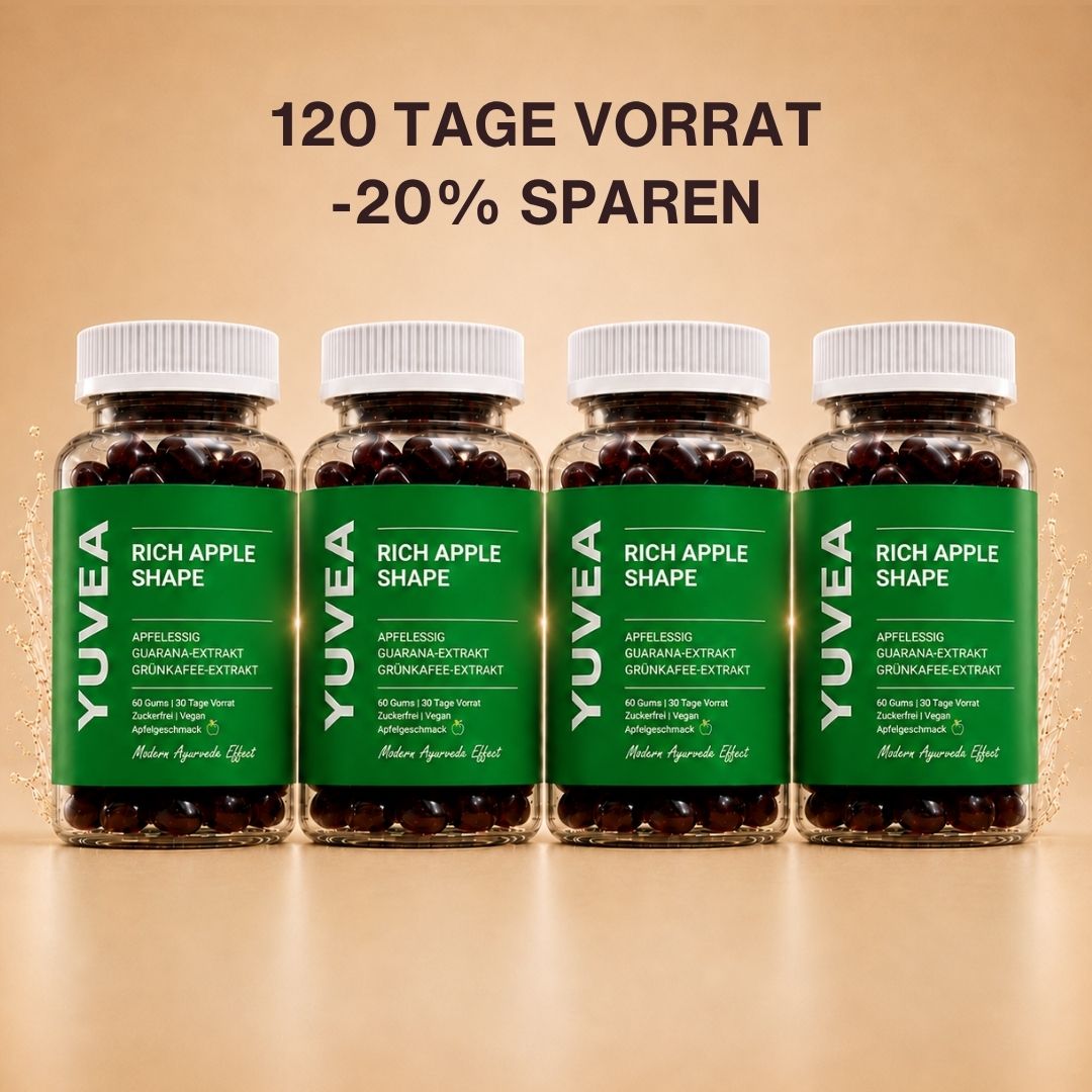 Vier Flaschen YUVEA RICH APPLE SHAPE Gummies mit Apfelessig, Guarana-Extrakt und Grünkaffee-Extrakt vor einem warmen, beigefarbenen Hintergrund. Darüber steht: „120 Tage Vorrat – 20 % sparen“.