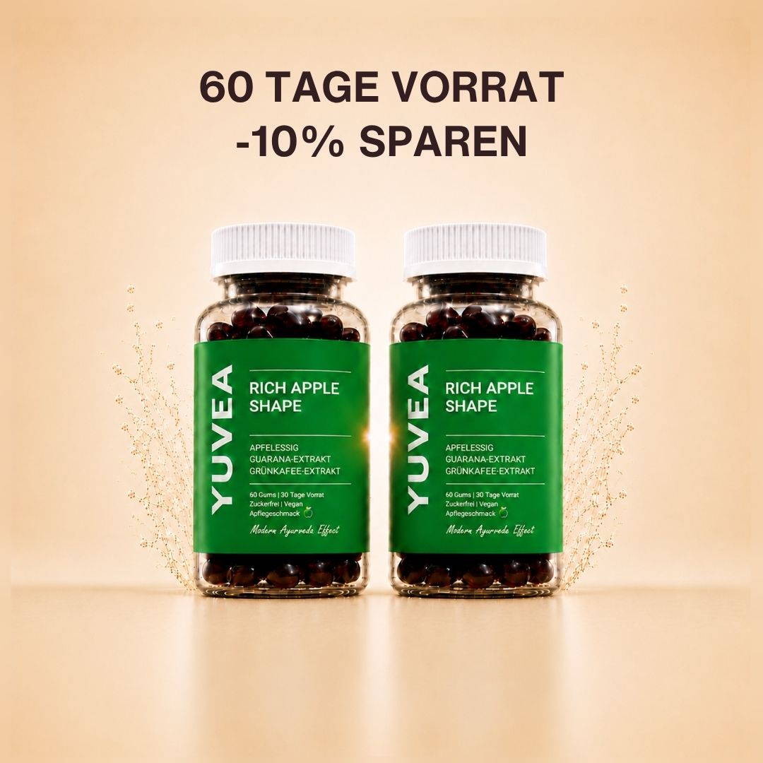 Zwei Flaschen YUVEA RICH APPLE SHAPE Gummies mit Apfelessig, Guarana-Extrakt und Grünkaffee-Extrakt vor einem warmen, beigefarbenen Hintergrund. Darüber steht: „60 Tage Vorrat – 10 % sparen“.