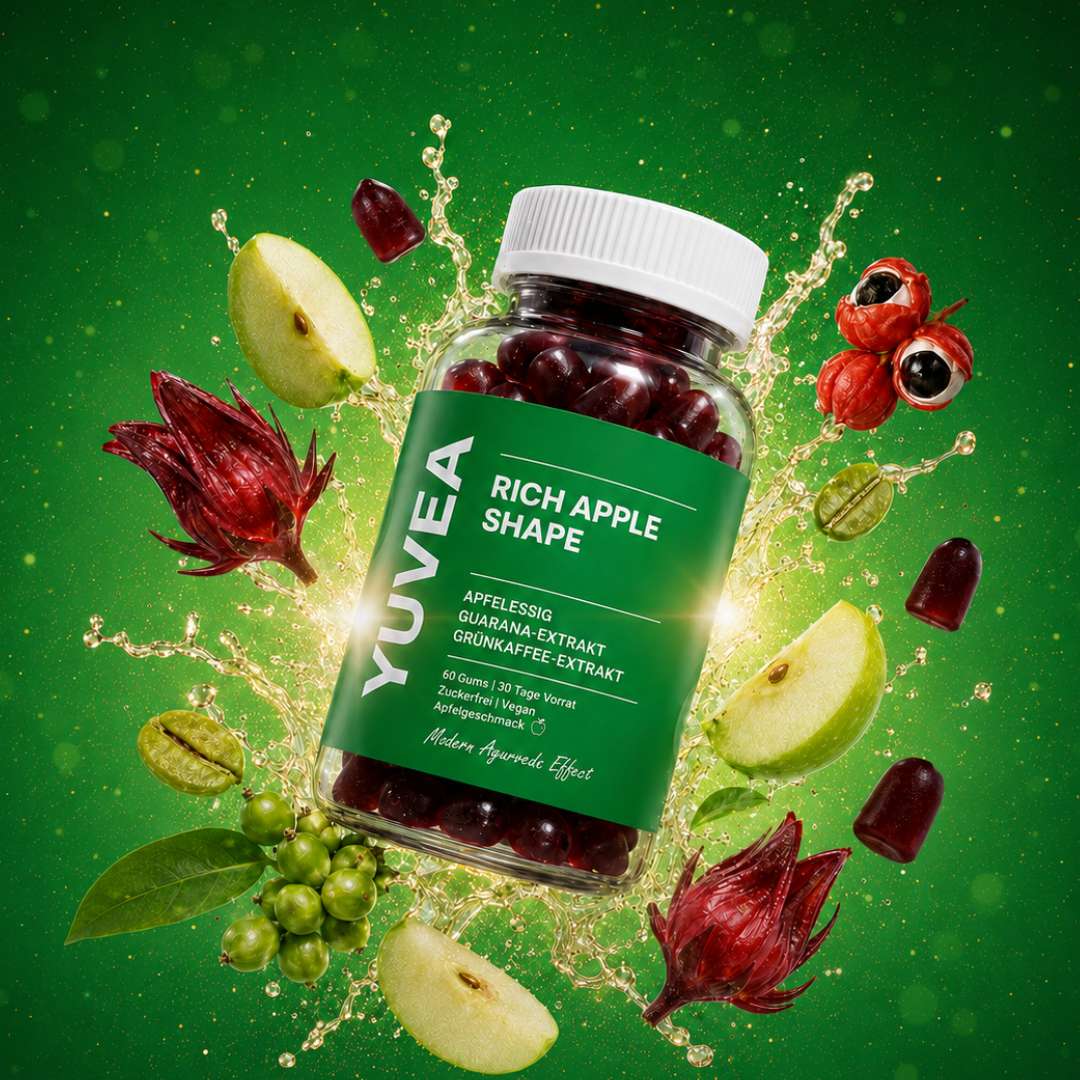 YUVEA Rich Apple Shape Nahrungsergänzung mit Apfelessig, Guarana-Extrakt und Grünkaffee-Extrakt in einer transparenten Dose mit roten Gums, dekoriert mit Äpfeln, Hibiskus, Guarana und Kaffeebohnen.
