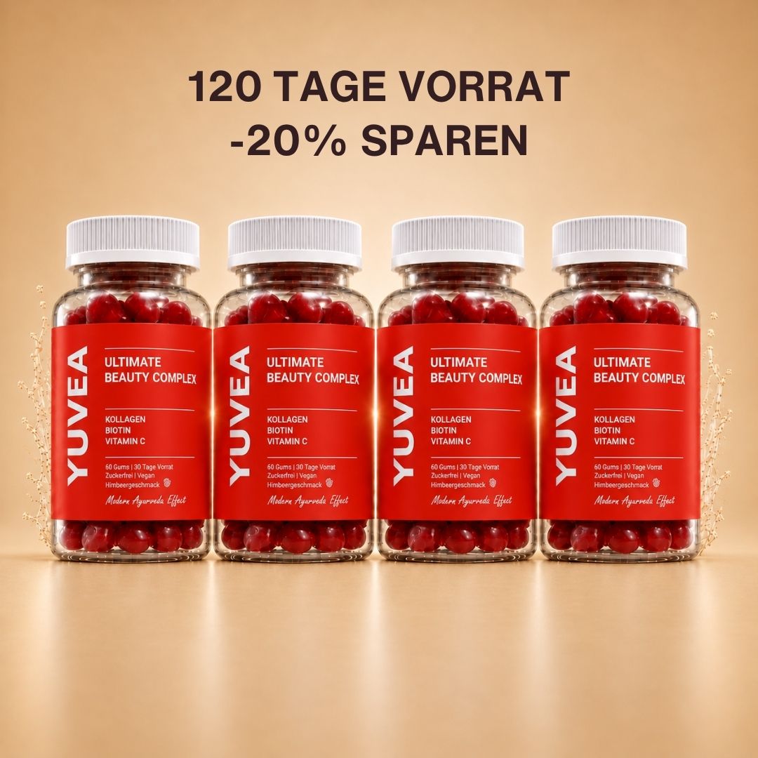 Vier Flaschen YUVEA ULTIMATE BEAUTY COMPLEX Gummies mit Kollagen, Vitamin C und Biotin vor einem warmen, beigefarbenen Hintergrund. Darüber steht: „120 Tage Vorrat – 20 % sparen“.