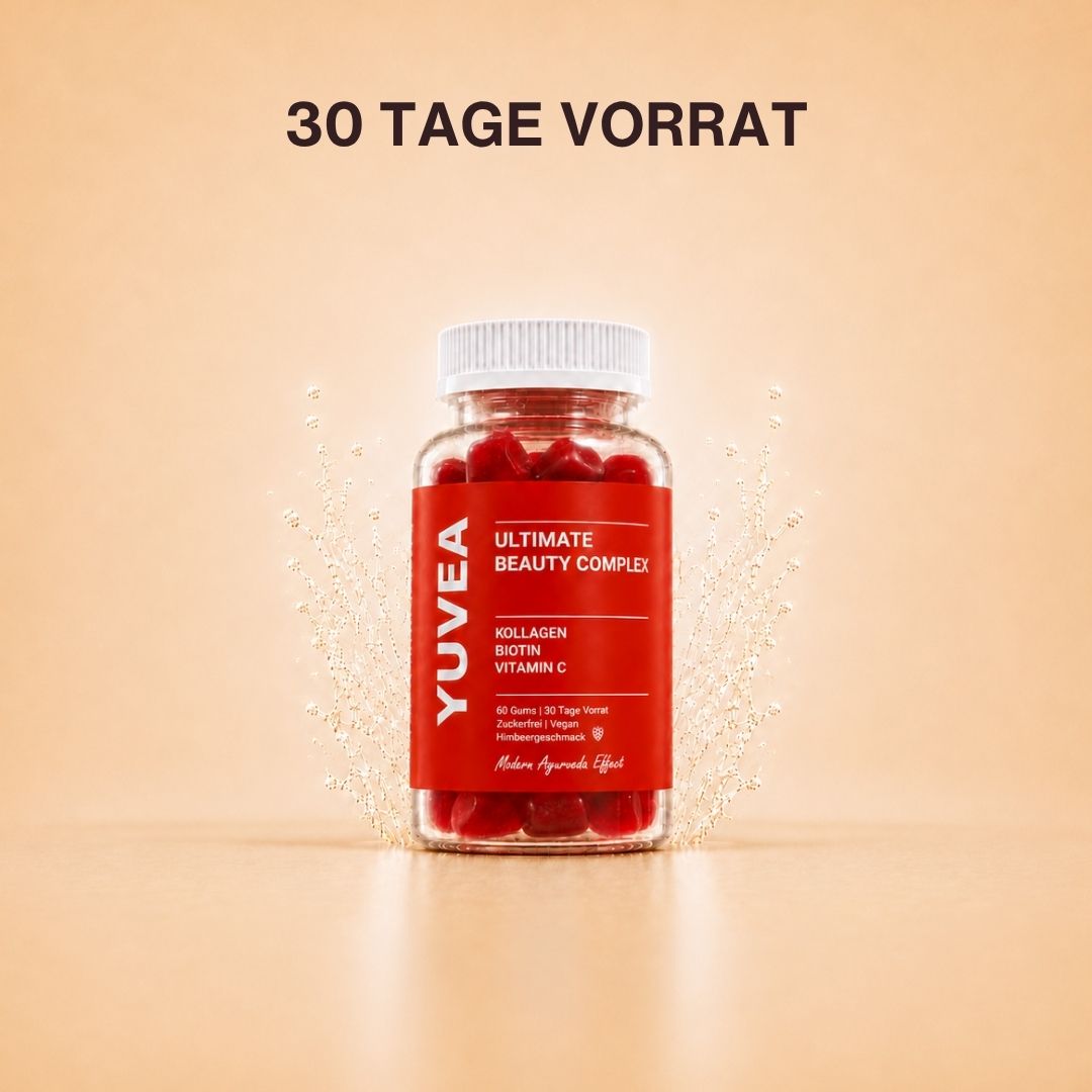 Eine Flasche YUVEA ULTIMATE BEAUTY COMPLEX Gummies mit Kollagen, Vitamin C und Biotin vor einem warmen, beigefarbenen Hintergrund. Darüber steht: „30 Tage Vorrat“.
