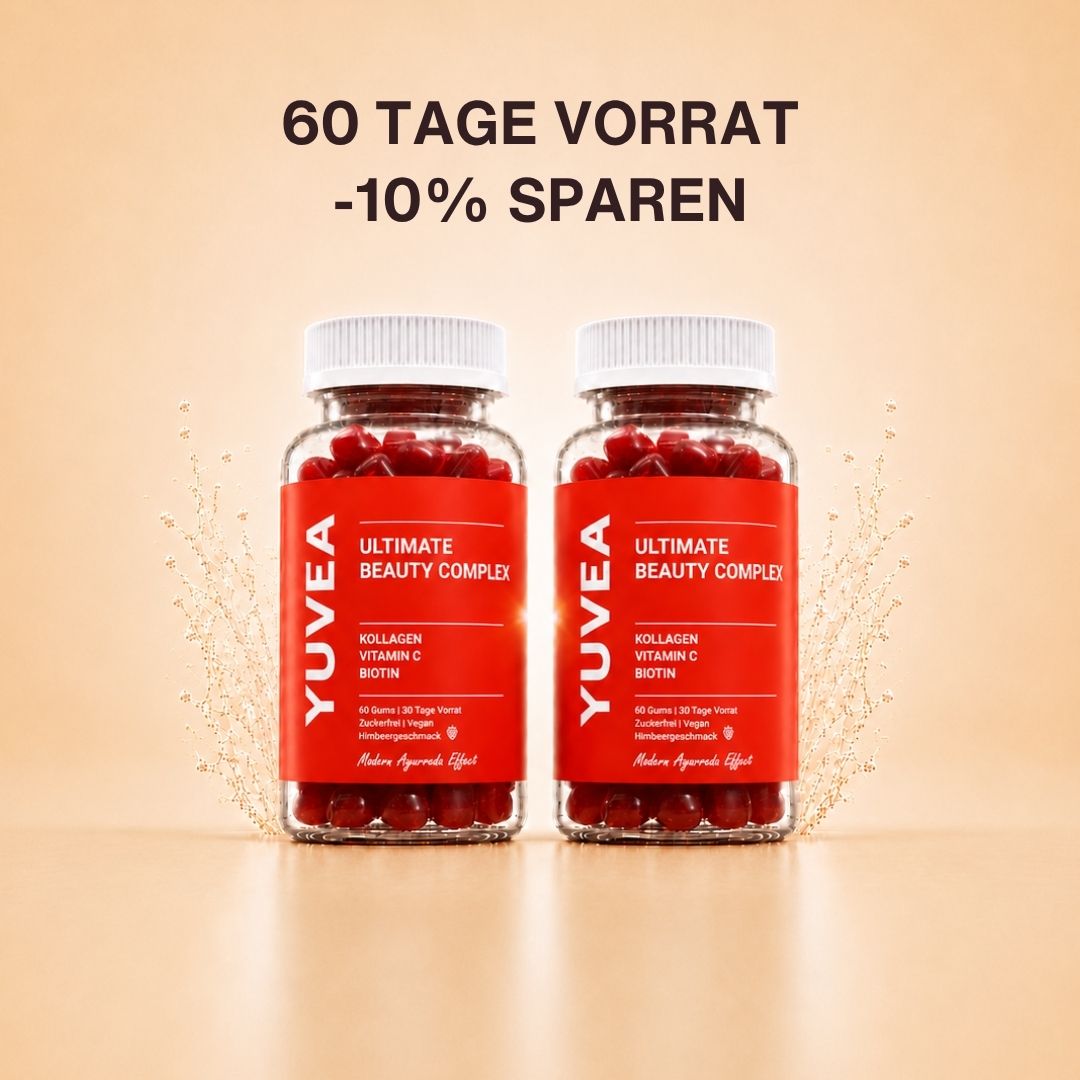 Zwei Flaschen YUVEA ULTIMATE BEAUTY COMPLEX Gummies mit Kollagen, Vitamin C und Biotin vor einem warmen, beigefarbenen Hintergrund. Darüber steht: „60 Tage Vorrat – 10 % sparen“.
