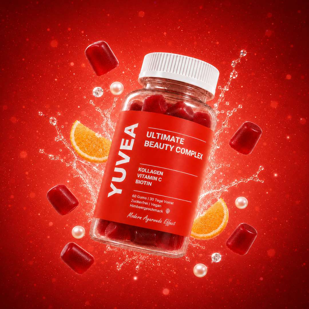 YUVEA Ultimate Beauty Complex Nahrungsergänzung mit Kollagen, Vitamin C und Biotin in einer transparenten Dose mit roten Gums, dekoriert mit Orangen, Perlen und Diamanten.